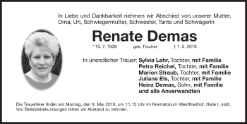 Traueranzeige von Renate Demas von Roth-Hilpoltsteiner Volkszeitung Lokal
