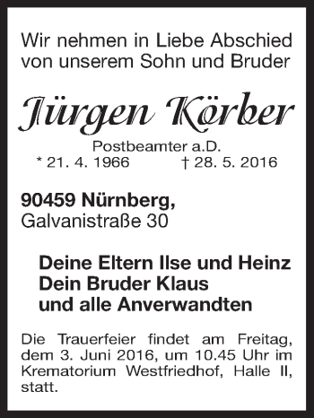 Traueranzeige von Jürgen Körber von Gesamtausgabe Nürnberger Nachrichten/ Nürnberger Ztg.