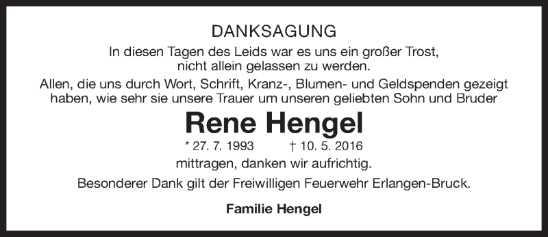  Traueranzeige für Rene Hengel vom 25.05.2016 aus Erlanger Nachrichten Lokal