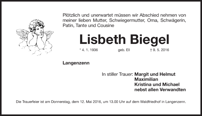  Traueranzeige für Lisbeth Biegel vom 11.05.2016 aus Fürther Nachrichten Lokal