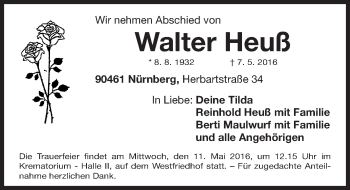 Traueranzeige von Walter Heuß von Gesamtausgabe Nürnberger Nachrichten/ Nürnberger Ztg.