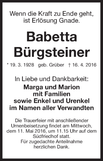 Traueranzeige von Babetta Bürgsteiner von Gesamtausgabe Nürnberger Nachrichten/ Nürnberger Ztg.