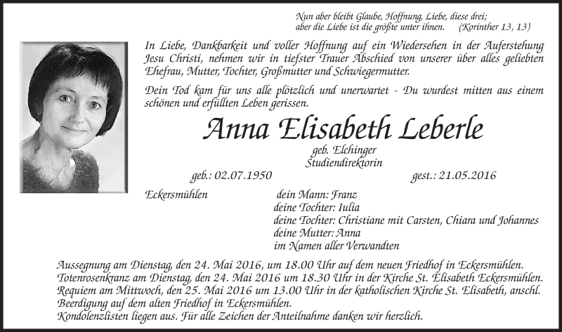  Traueranzeige für Anna Elisabeth Leberle vom 24.05.2016 aus Roth-Hilpoltsteiner Volkszeitung Lokal