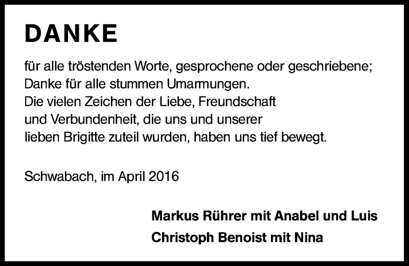  Traueranzeige für Brigitte  vom 30.04.2016 aus Schwabach