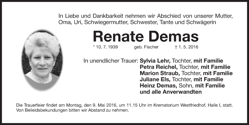  Traueranzeige für Renate Demas vom 07.05.2016 aus Roth-Hilpoltsteiner Volkszeitung Lokal