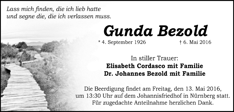  Traueranzeige für Gunda Bezold vom 11.05.2016 aus Gesamtausgabe Nürnberger Nachrichten/ Nürnberger Ztg.