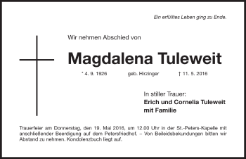 Traueranzeige von Magdalena Tuleweit von Gesamtausgabe Nürnberger Nachrichten/ Nürnberger Ztg.