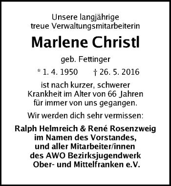 Traueranzeige von Marlene Christl von Gesamtausgabe Nürnberger Nachrichten/ Nürnberger Ztg.