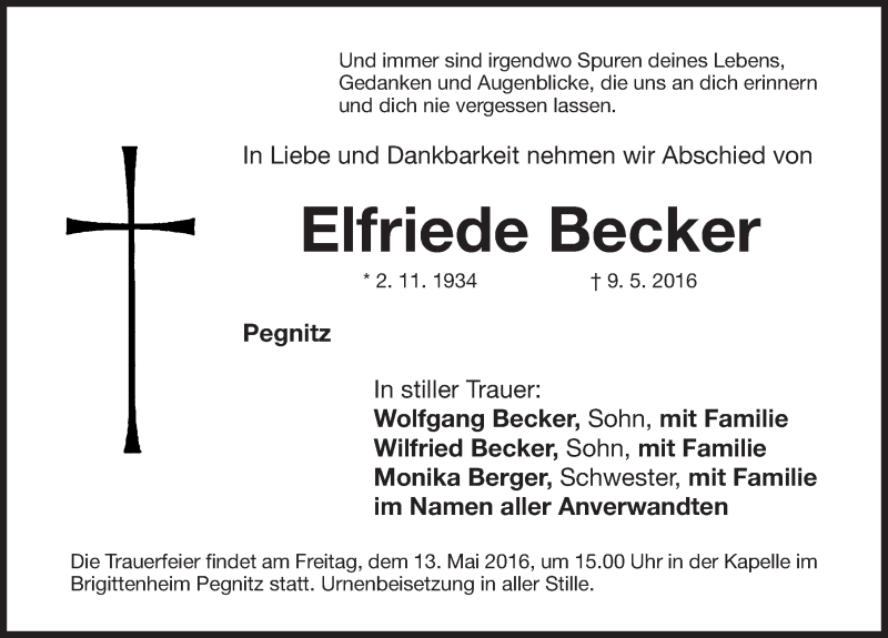 Traueranzeige für Elfriede Becker vom 11.05.2016 aus Nordbayerische Nachrichten Pegnitz Lokal