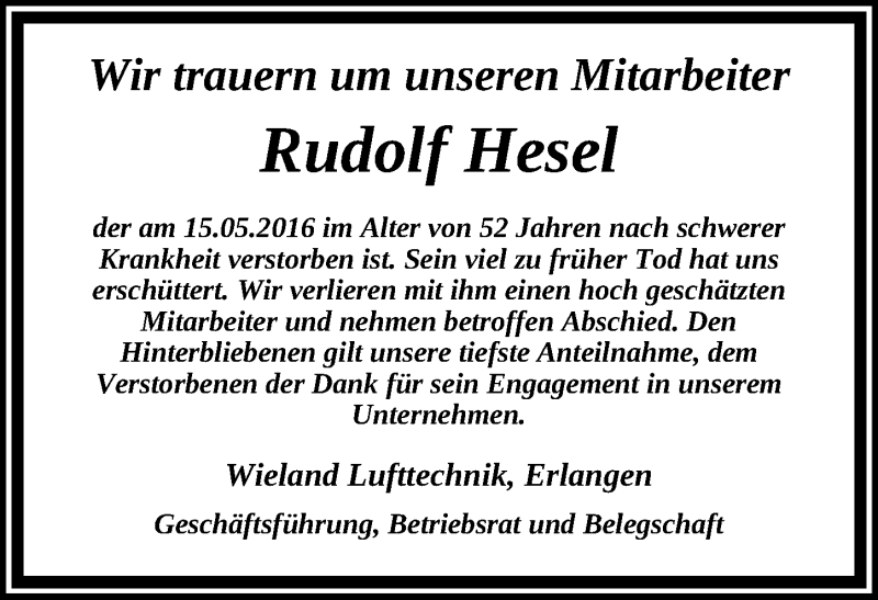  Traueranzeige für Rudolf Rudi Hesel vom 28.05.2016 aus Erlanger Nachrichten Lokal