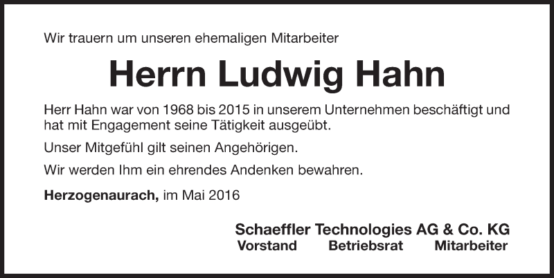  Traueranzeige für Ludwig Hahn vom 13.05.2016 aus Nordbayerische Nachrichten Herzogenaurach Lokal