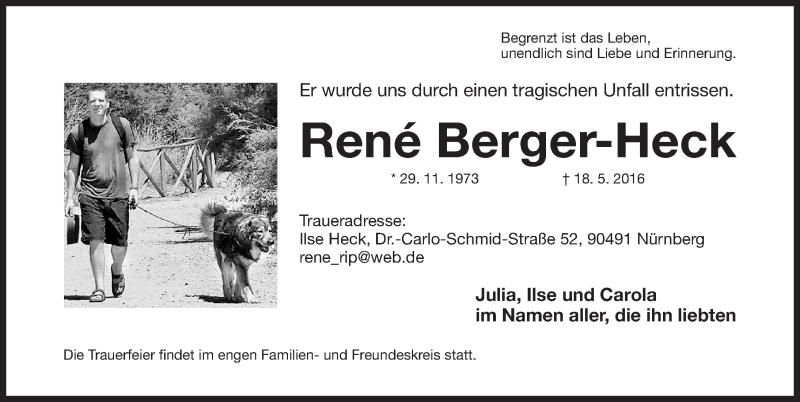  Traueranzeige für René Berger-Heck vom 28.05.2016 aus Gesamtausgabe Nürnberger Nachrichten/ Nürnberger Ztg.