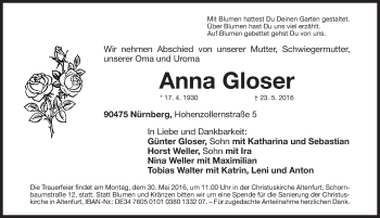 Traueranzeige von Anna Gloser von Gesamtausgabe Nürnberger Nachrichten/ Nürnberger Ztg.
