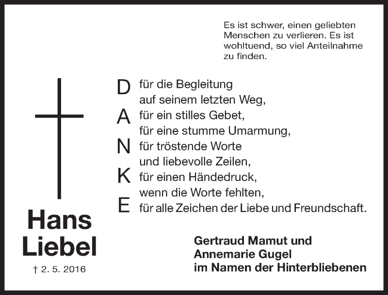  Traueranzeige für Hans Liebel vom 14.05.2016 aus Gesamtausgabe Nürnberger Nachrichten/ Nürnberger Ztg.
