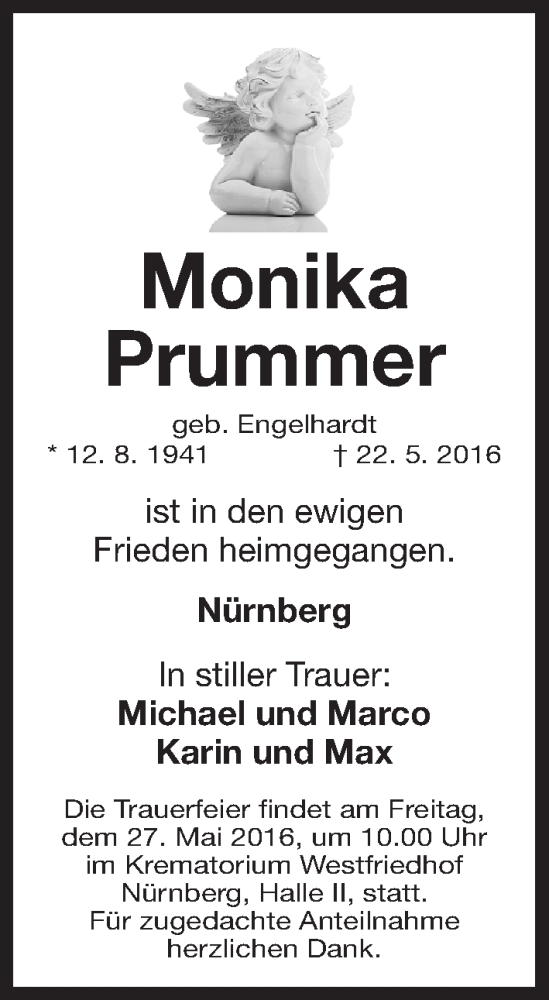  Traueranzeige für Monika Prummer vom 25.05.2016 aus Gesamtausgabe Nürnberger Nachrichten/ Nürnberger Ztg.