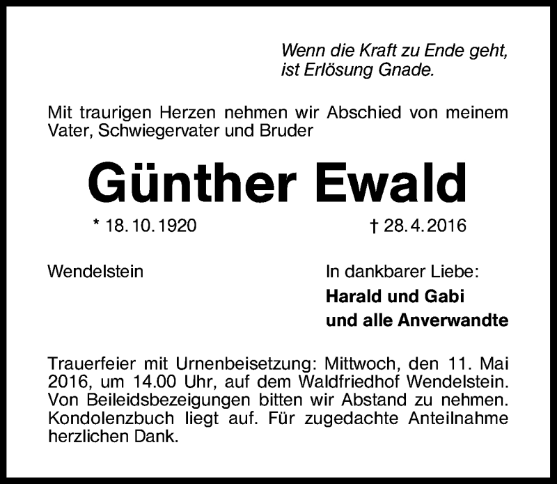  Traueranzeige für Günther Ewald vom 07.05.2016 aus Schwabach