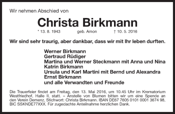 Traueranzeige von Christa Birkmann von Gesamtausgabe Nürnberger Nachrichten/ Nürnberger Ztg.
