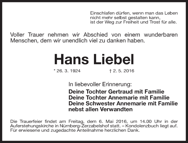  Traueranzeige für Hans Liebel vom 04.05.2016 aus Gesamtausgabe Nürnberger Nachrichten/ Nürnberger Ztg.