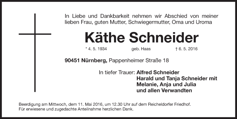  Traueranzeige für Käthe Schneider vom 09.05.2016 aus Gesamtausgabe Nürnberger Nachrichten/ Nürnberger Ztg.