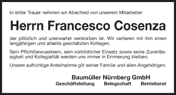 Traueranzeige von Francesco Antonio Cosenza von Gesamtausgabe Nürnberger Nachrichten/ Nürnberger Ztg.