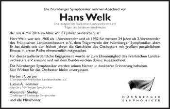 Traueranzeige von Hans Welk von Gesamtausgabe Nürnberger Nachrichten/ Nürnberger Ztg.