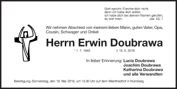 Traueranzeige von Erwin Doubrawa von Gesamtausgabe Nürnberger Nachrichten/ Nürnberger Ztg.