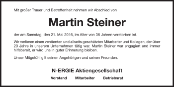 Traueranzeige von Martin Steiner von Gesamtausgabe Nürnberger Nachrichten/ Nürnberger Ztg.