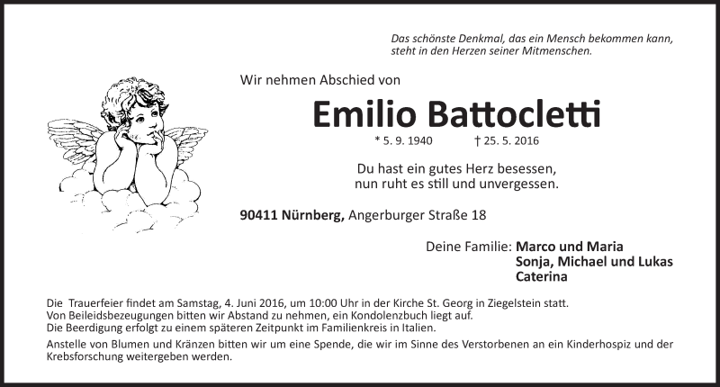  Traueranzeige für Emilio Battocletti vom 01.06.2016 aus Gesamtausgabe Nürnberger Nachrichten/ Nürnberger Ztg.