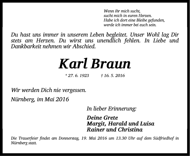  Traueranzeige für Karl Braun vom 19.05.2016 aus Gesamtausgabe Nürnberger Nachrichten/ Nürnberger Ztg.