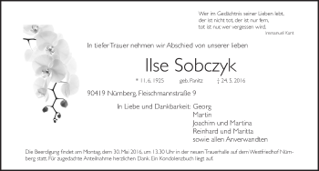 Traueranzeige von Ilse Sobczyk von Gesamtausgabe Nürnberger Nachrichten/ Nürnberger Ztg.