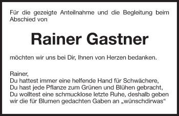 Traueranzeige von Rainer Gastner von Gesamtausgabe Nürnberger Nachrichten/ Nürnberger Ztg.