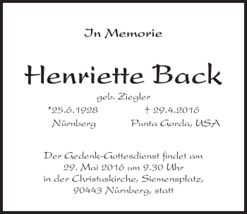 Traueranzeige von Henriette Back von Gesamtausgabe Nürnberger Nachrichten/ Nürnberger Ztg.