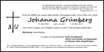 Traueranzeige von Johanna Grünberg von Gesamtausgabe Nürnberger Nachrichten/ Nürnberger Ztg.
