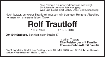 Traueranzeige von Rolf Trautloff von Gesamtausgabe Nürnberger Nachrichten/ Nürnberger Ztg.