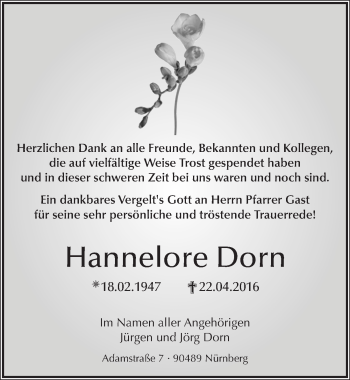 Traueranzeige von Hannelore Dorn von Gesamtausgabe Nürnberger Nachrichten/ Nürnberger Ztg.