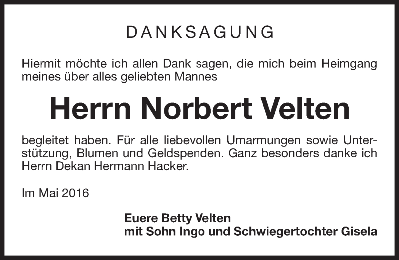  Traueranzeige für Norbert Velten vom 14.05.2016 aus Fürther Nachrichten Lokal
