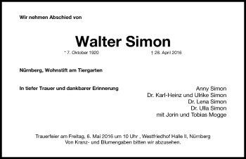 Traueranzeige von Walter Simon von Gesamtausgabe Nürnberger Nachrichten/ Nürnberger Ztg.