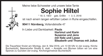Traueranzeige von Sophie Hiltel von Gesamtausgabe Nürnberger Nachrichten/ Nürnberger Ztg.