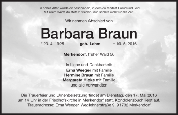 Traueranzeige von Barbara Braun von Altmühl-Bote Lokal