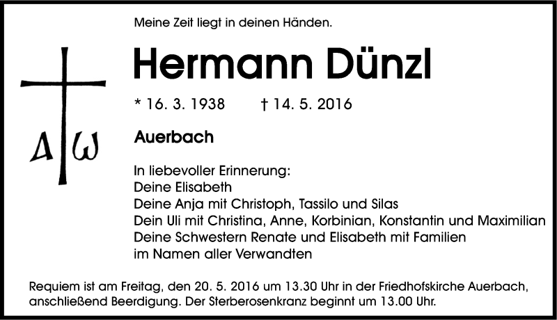 Traueranzeige für Hermann Dünzl vom 17.05.2016 aus Nordbayerische Nachrichten Pegnitz Lokal