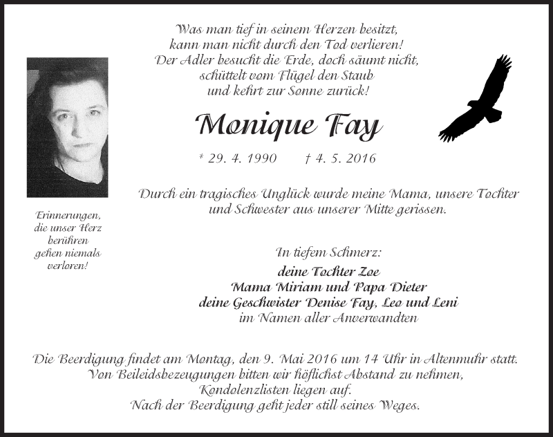  Traueranzeige für Monique Fay vom 07.05.2016 aus Altmühl-Bote Lokal