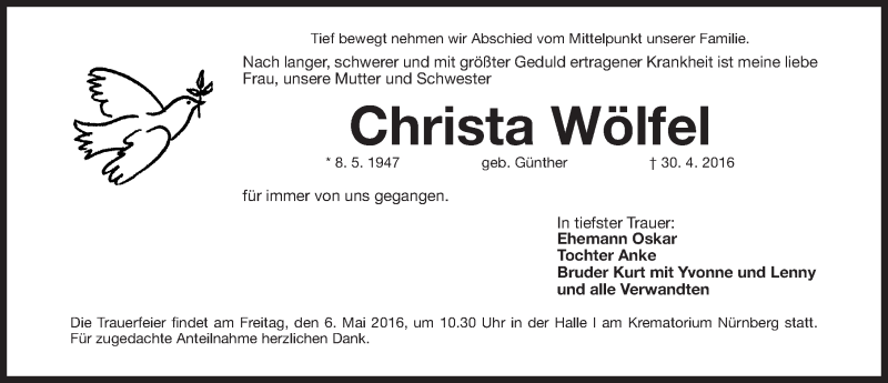  Traueranzeige für Christa Wölfel vom 03.05.2016 aus Gesamtausgabe Nürnberger Nachrichten/ Nürnberger Ztg.