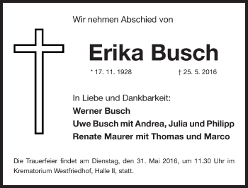 Traueranzeige von Erika Busch von Gesamtausgabe Nürnberger Nachrichten/ Nürnberger Ztg.