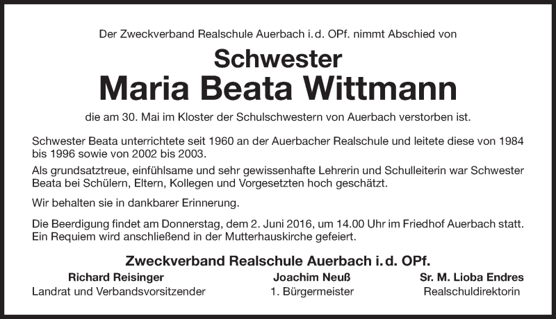  Traueranzeige für Maria Beata Wittmann vom 01.06.2016 aus Nordbayerische Nachrichten Pegnitz Lokal