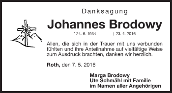 Traueranzeige von Johannes Brodowy von Roth-Hilpoltsteiner Volkszeitung Lokal