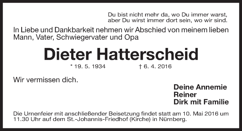  Traueranzeige für Dieter Hatterscheid vom 04.05.2016 aus Gesamtausgabe Nürnberger Nachrichten/ Nürnberger Ztg.