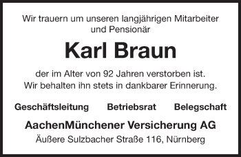 Traueranzeige von Karl Braun von Gesamtausgabe Nürnberger Nachrichten/ Nürnberger Ztg.