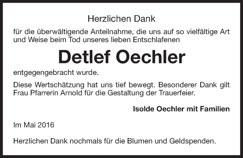  Traueranzeige für Detlef Oechler vom 28.05.2016 aus Gesamtausgabe Nürnberger Nachrichten/ Nürnberger Ztg.