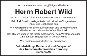 Traueranzeige von Robert Wild von Gesamtausgabe Nürnberger Nachrichten/ Nürnberger Ztg.