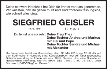 Traueranzeige von Siegfried Geisler von Gesamtausgabe Nürnberger Nachrichten/ Nürnberger Ztg.